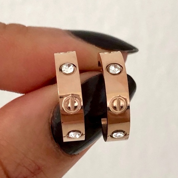 Rose Gold Small Screw Zirconia Hoops - Picture 3 of 8